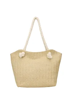Minimalist straw woven tote bag with white cotton rope handles on a clean white background