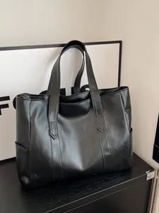 Large Capacity Women PU Leather Tote Bag Minimalist Vintage Lychee Texture Shoulder Bag Side Pockets For Office Daily Use