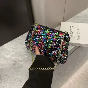 Women Fashion Sequin Shoulder Bag Small Iridescent Chain Crossbody Bag Sparkly Party Handbag Urban Minimalist Paillette Pouch
