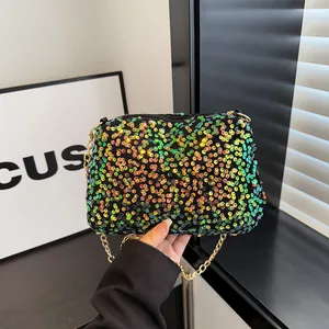 Sparkly sequin bucket bag with golden chain strap for women, stylish 2025 crossbody design