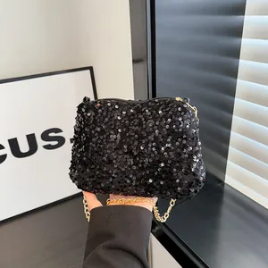 Fashion black sequin bucket bag with golden chain strap for women, stylish 2025 trendy style
