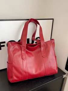Chic red large capacity tote bag with bark texture and long double handles for women