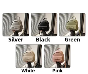 Collage of mini PU leather backpacks with bows in silver, black, green, white, and pink