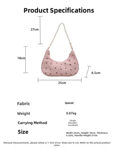 Pink crescent shoulder bag dimensions and product parameters detail view