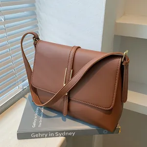 Women's Vintage Minimalist PU Leather Crossbody Bag Large Capacity Shoulder Underarm Square Bag Metal Buckle Flap Purse