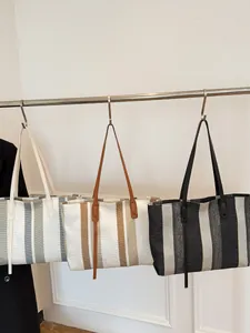 Women Large Capacity Canvas Tote Bag Simple Vertical Stripes Shoulder Handbag With PU Leather Handles And Tassel Decor