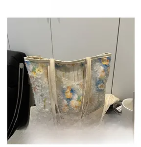 Detail of floral tote bag showing textured fabric patterns and beige PU leather base