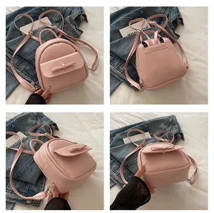 Pink mini backpack detail showing ribbon bow and smooth PU leather in multiple angles