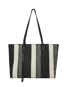 Minimalist large capacity tote bag with vertical stripes and black leather handles