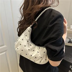 Women Cute Bowknot Quilted Hobo Underarm Bag With Faux Artificial Pearl Chain Handle Small Shoulder Handbag Daily Versatile Purse