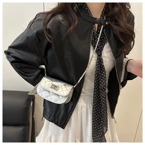 Detail of silver quilted mini crossbody bag with metal chain strap and twist lock