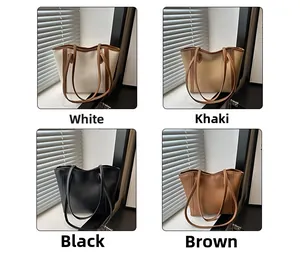 Detailed grid view of minimalist leather tote bags in white, khaki, black and brown colors