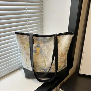 Floral ink print tote bag with black faux leather straps and large capacity for women