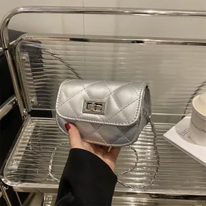 Silver quilted mini crossbody bag with metallic finish and chain strap for women