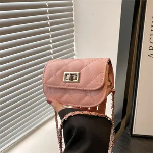 Pink quilted mini crossbody bag with silver twist lock and chain strap for women