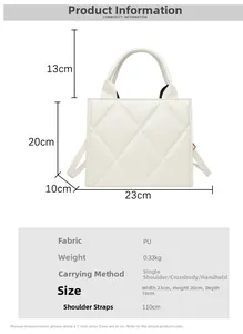 Specifiche dettagliate della borsa a tracolla in PU trapuntato bianco, larghezza 23cm