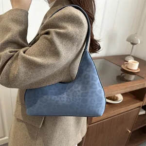Blue leopard print suede underarm bag for women with minimalist tote style and large capacity