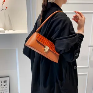 Sac Sous le Bras Vintage pour Femmes Motif Crocodile Rabat Cuir PU Sac à Bandoulière Mode Style Coréen Décontracté
