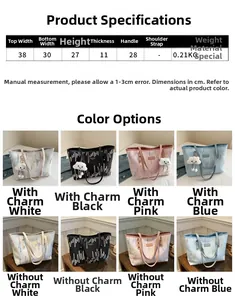 Detailed size chart and multi-color options for large capacity casual tote bag