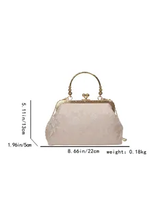 Détail du sac brodé vintage montrant les dimensions 22x5x13cm et le poids du produit