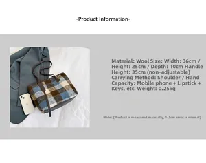 Detail view of plaid woolen tote bag with size specs 36x25x10cm and material info