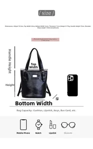 Detailed size guide and capacity for the dark retro bucket bag showing dimensions