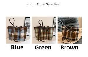 Detailed comparison of three plaid tweed tote bags in blue, green, and brown color options
