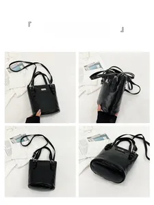 Detail shots of black bucket bag showing front, side, back and bottom angles on a shirt