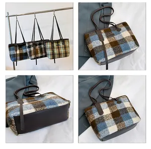 Detailed views showing the plaid woolen texture and leather bottom of the tote bag