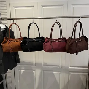 Women Vintage Suede Tote Bag Large Capacity Shoulder Bag Retro Underarm Bag With Gold Buckle Minimalist Fashion Handbag