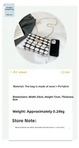 Detail view of black and white tweed chain bag showing dimensions of 20cm x 13cm x 8cm