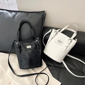 Vintage Oil Wax PU Leather Bucket Bag For Women Retro High Shine Shoulder Crossbody Bag With Adjustable Strap Commute Handbag