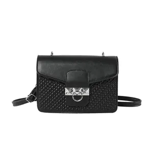 Retro black crossbody bag for women with woven texture and silver square lock