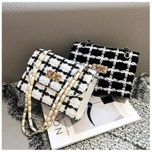 Tweed Plaid Crossbody Bag For Women Elegant Retro Shoulder Chain Bag With Metal Twist Lock Square Flap Bag