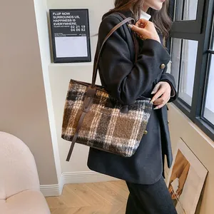 Retro plaid wool tote bag with soft brown checks and long shoulder straps for women