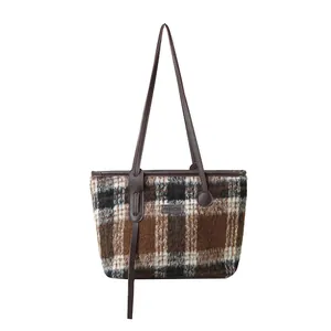 Retro plaid wool tote bag with leather straps and Fashion label for daily commuting