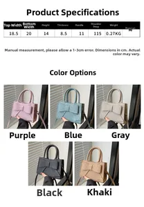 Size chart and dimensions for bow crossbody handbag showing PU leather material details