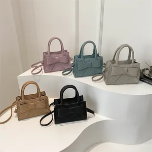 Women Fashion Bow Mini Handbag PU Leather Textured Weave Small Square Bag With Top Handle Detachable Shoulder Strap Crossbody Bag