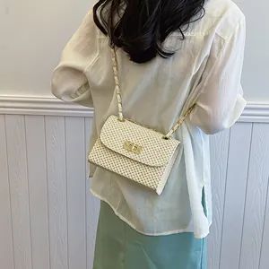 Beige woven straw chain bag with gold CD buckle worn by model against a white wall