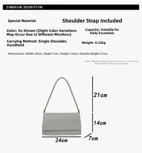 Detailed size chart for the silver minimalist handbag showing dimensions 24x7x14 cm