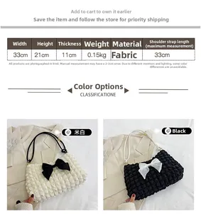 Detailed size chart and dimensions of the ruched cloud shoulder bag with bow detail