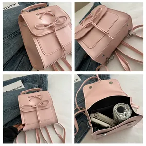 Detailansicht des rosa Rucksacks mit Schleifen-Design, Innenraum und Seitenprofil