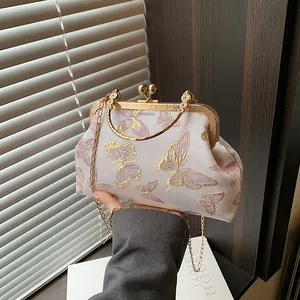 Vintage Butterfly Embroidery Clutch Bag For Women Elegant Satin Evening Handbag With Metal Chain Wedding Party Banquet Shoulder Bag