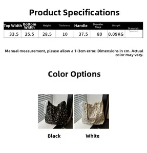 Guida alle taglie per borsa floreale con dimensioni in cm e opzioni di colore nero e bianco