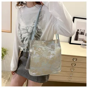 Detail of jacquard canvas tote with traditional Chinese landscape and tassel ornament