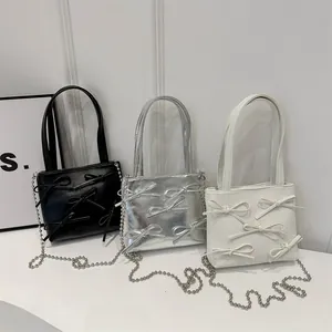 Women Mini Bowtie Handbag Sweet PU Leather Metallic Tote Bag With Detachable Silver Bead Chain Fashion Crossbody Bag