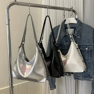 Women Butterfly Embroidery PU Leather Shoulder Bag Fashion Y2K Large Capacity Underarm Tote Bag With Metal Chain Accessory