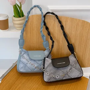 Women Vintage Denim Texture PU Patchwork Underarm Bag Fashion Quilted Shoulder Bag Metal Flower Chain Woven Strap