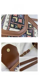 Close-up of geometric woven pattern and brown leather stitching on a crossbody bag
