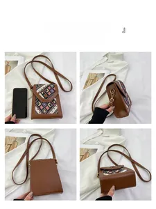 Multi-angle views of a brown leather crossbody bag with colorful woven geometric flap detail